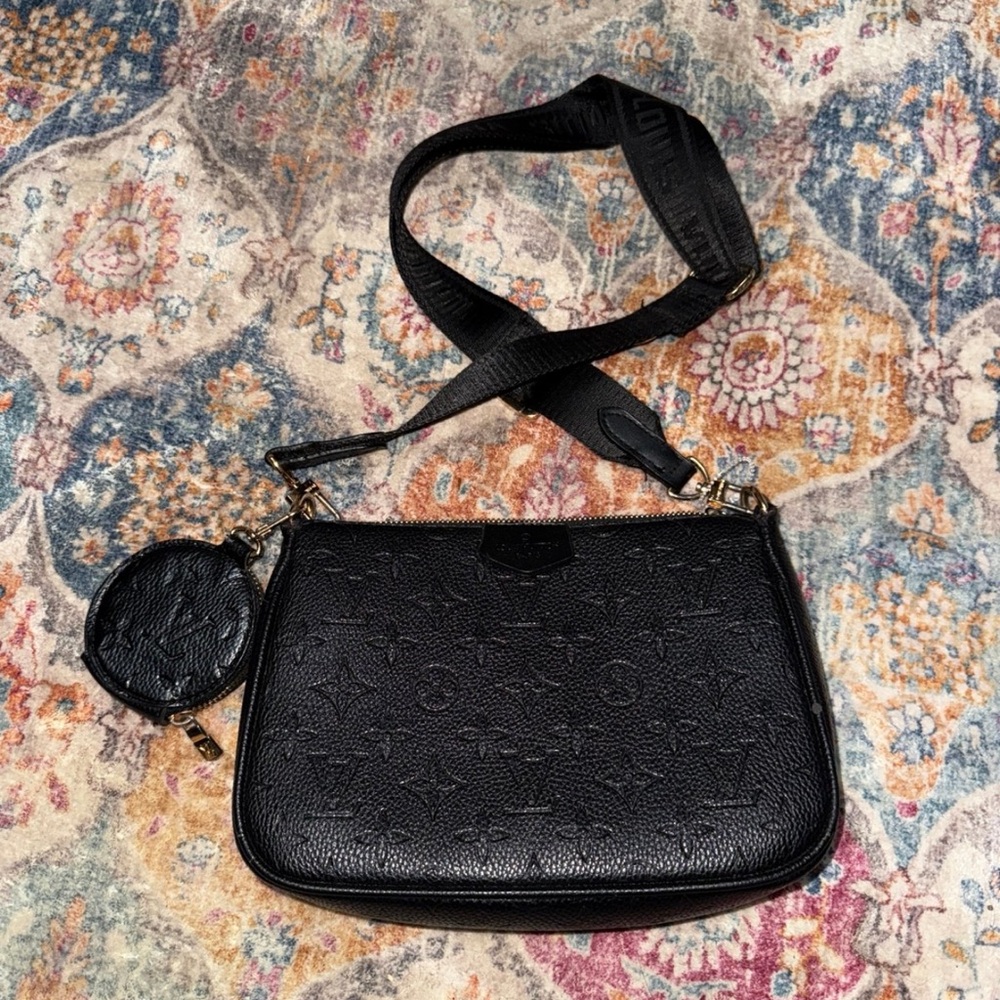 Black Embossed Leather Crossbody Bag with Coin Pouch